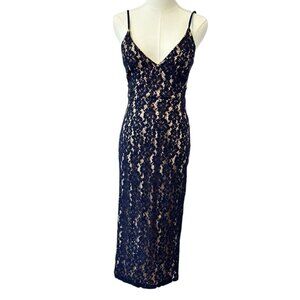 Akira Navy Blue and Nude Midi Women's Floral Lace Slip Dress Small
